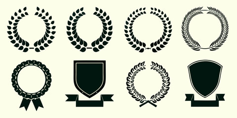Collection of laurel wreaths ribbons and shields for awards and recognition