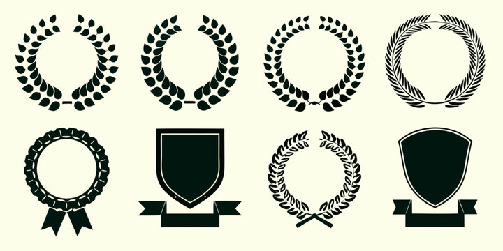 Collection of laurel wreaths ribbons and shields for awards and recognition