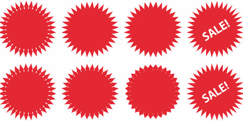 Set of eight red starburst shapes with two featuring the word sale in white text