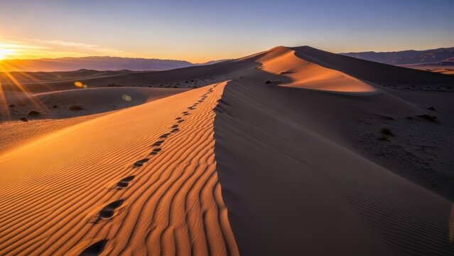 Footprints on a sand dune ridge during a golden sunset in the desert. - Powered by Adobe
