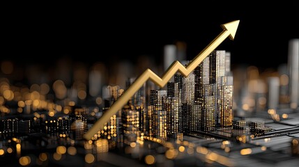 Golden Arrow Rising Over Cityscape to Represent Growth and Success in Business and Financial Ventures