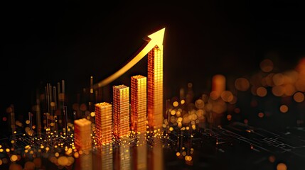 Golden Financial Growth Chart with Rising Arrow and Glowing Particles Representing Success and Achievement in Business