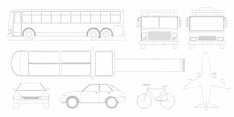 Collection of vehicle outlines including bus car airplane and bicycle shown from different views