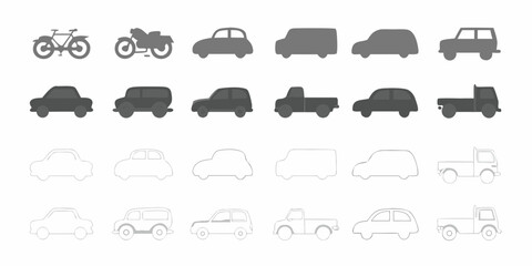 Collection of simple silhouette icons representing various vehicles including cars motorcycles and trucks