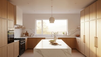 Fototapeta premium Contemporary kitchen with natural wood cabinetry and a marble waterfall island.