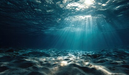 Sunlight streams through clear ocean water illuminating the sandy seabed with dappled light patterns