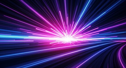 Futuristic abstract background with glowing neon light streaks in blue, purple, and pink. Dynamic forward motion effect, vibrant contrast, smooth gradient, and immersive depth.