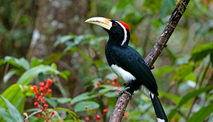 A colorful hornbill perched in a lush jungle