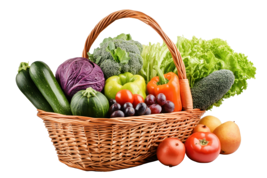 Colorful assortment of fresh organic vegetables and fruits in a wicker basket showcasing healthy food choices