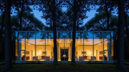 A modern glass house illuminated from within, set in a dark forest at dusk.