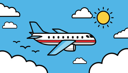 Vibrant Airplane Illustration: Passenger Jet Soaring Through a Sunny Sky with Clouds
