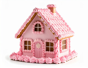 A charming gingerbread house covered in smooth pink frosting and decorative icing swirls