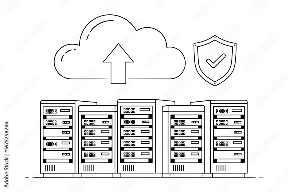 Aufkleber server racks, a cloud and a shield representing secure data storage and transfer