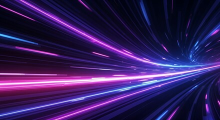 Futuristic abstract background with glowing neon light streaks in blue, purple, and pink. Dynamic forward motion effect, vibrant contrast, smooth gradient, and immersive depth.