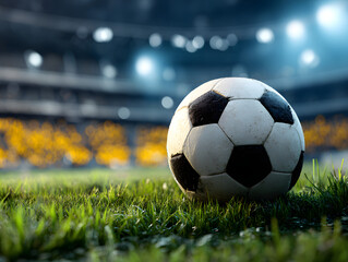 Fototapeta premium Soccer ball on a stadium field with blurred background