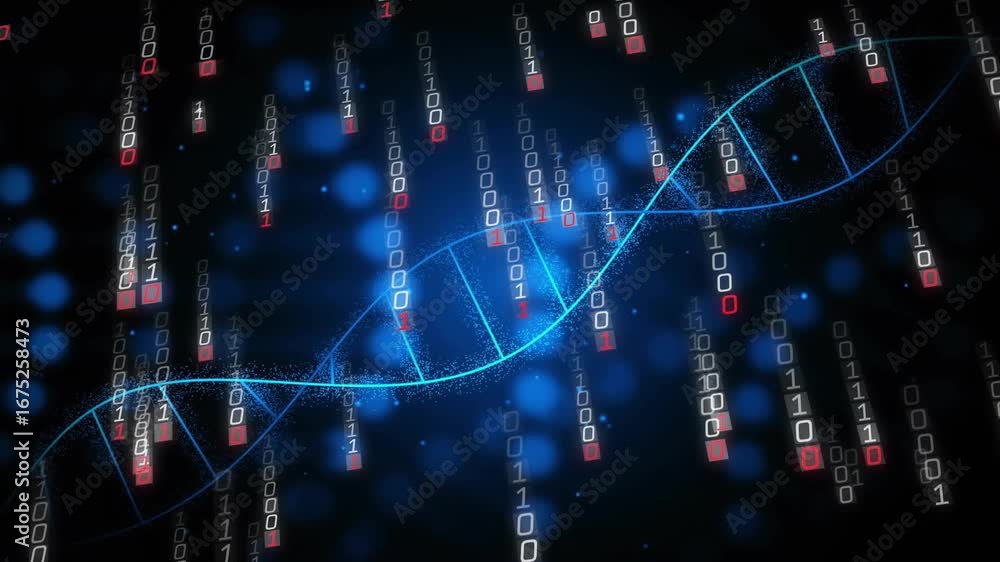 Poster glowing line appearing and forming helix while binary streams cascading rotating showing data spine