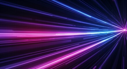 Futuristic abstract background with glowing neon light streaks in blue, purple, and pink. Dynamic forward motion effect, vibrant contrast, smooth gradient, and immersive depth.