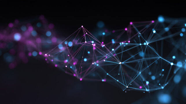 abstract background with glowing blue and purple network connections, dark black space in the center of an array of interconnected circles