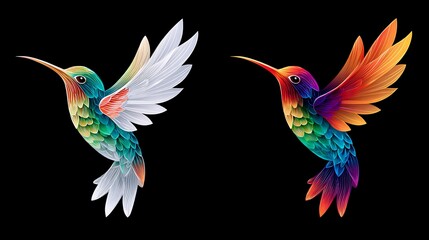 Fototapeta premium Colorful Hummingbirds Digital Art with Vibrant Bright Feathers on Black Background