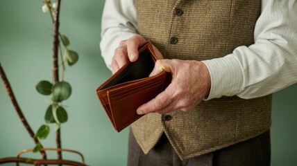 Senior man showing empty wallet in financial crisis, symbolizing budget problems or retirement savings woes
