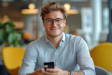 young man using smartphone in cafe, Generative AI