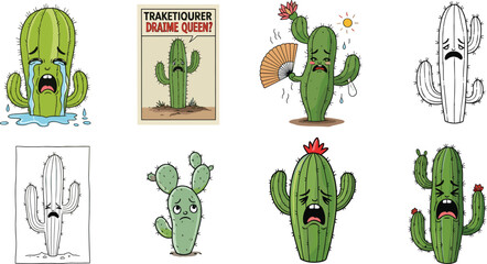 Cute cartoon cacti crying, sweating, sad, emotional expressions, desert plants, funny cactus characters, heat stress, sadness, dry environment, desert humor. © CreativeArtist