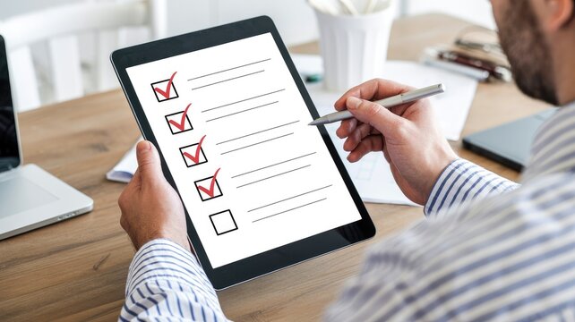 Completing checklist on a tablet with pen shows task management success in modern workspace