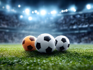 Fototapeta premium Three soccer balls on a stadium field at night