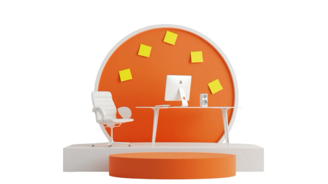 Modern Minimalist Office Setup with Computer and Chair in Orange and White