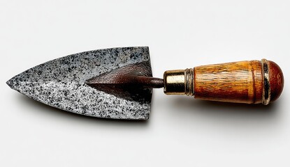 Vintage trowel, top view, aged metal blade, wooden handle