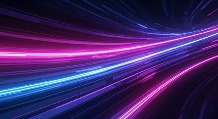 Futuristic abstract background with glowing neon light streaks in blue, purple, and pink. Dynamic forward motion effect, vibrant contrast, smooth gradient, and immersive depth.