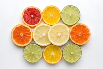 Fototapeta premium Sliced citrus fruits including grapefruit orange lemon and lime arranged in a circular pattern on white