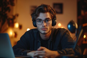 Portrait of a serious young man in a blue shirt and beard sitting at the office desk, talking to the camera while showing documents with graphs and dynamics, explaining business, Generative AI