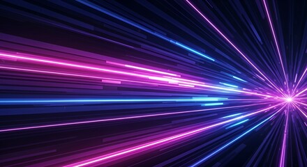 Futuristic abstract background with glowing neon light streaks in blue, purple, and pink. Dynamic forward motion effect, vibrant contrast, smooth gradient, and immersive depth.