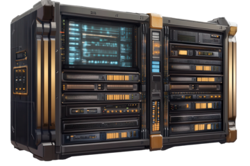 Server rack featuring numerous high-performance servers isolated on a transparent background with advanced technology design for data management and storage