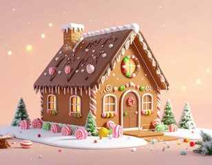 A festive 3D gingerbread house with a chocolate-dipped roof and colorful candy decorations in the snow