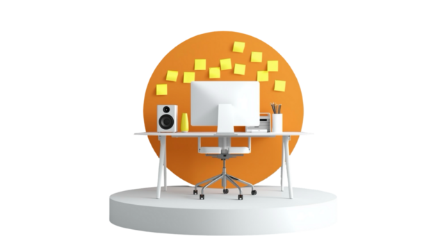 Minimalist Style Desk with Computer and Notes Setup Interior Illustration