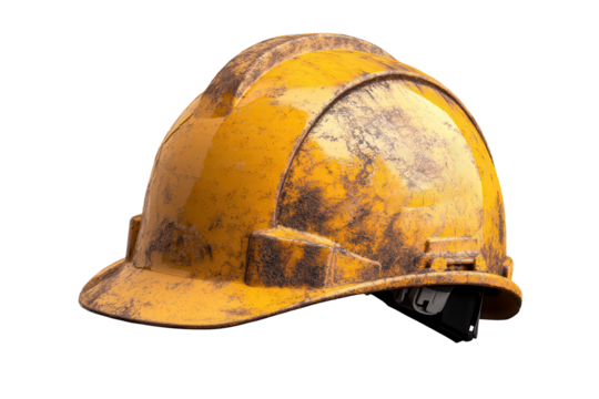 Mining helmet designed for safety in underground environments featuring a worn look and bright yellow color to enhance visibility during work hours