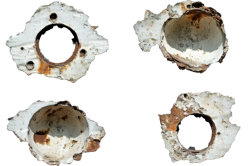 Metal bullet holes displayed in high-resolution, showcasing intricate details and textures, demonstrating industrial wear and past conflicts
