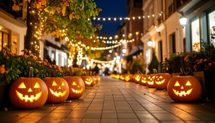 夜の繁華街に咲くハロウィンのカボチャ・ジャックオランタン