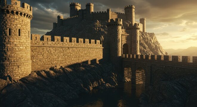 Stone Fortress on Rocky Hill with Bridge and Dramatic Sunset