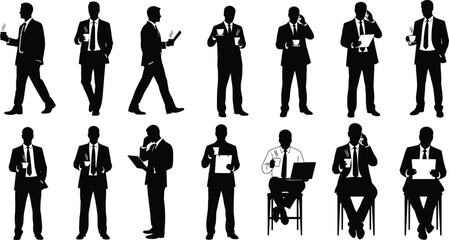 Businessman silhouette drinking coffee, holding documents, talking on phone, working with laptop, professional office lifestyle, business communication, multitasking, corporate environment.