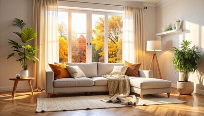 秋のインテリア、おしゃれなソファ・ブランケット・紅葉の見える部屋