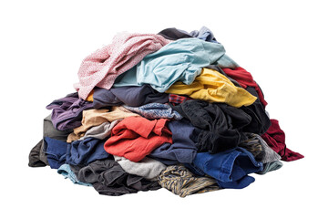 Pile of dirty laundry collected from a busy household during a typical laundry day isolated on a clean white background for clarity and focus