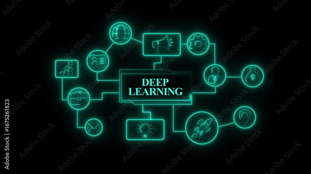 Poster glowing neon deep learning product lifecycle management system technology concept . technology, inte