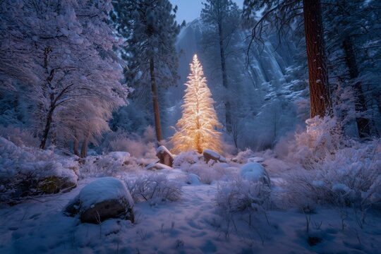 A glowing pine tree illuminates a snowy forest landscape at twilight.