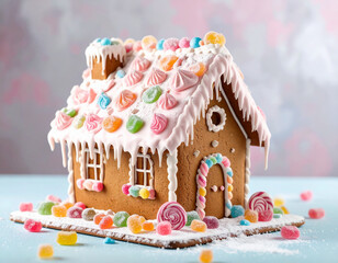 An ultra-realistic gingerbread house with dripping pink icing and colorful candy decorations