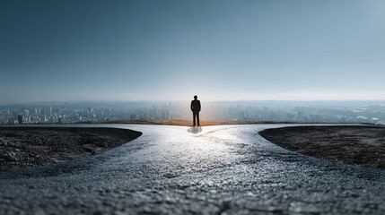 Man stands at a crossroads with a city background representing decision making 
