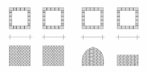 Architectural diagrams illustrating different brick wall construction patterns and openings