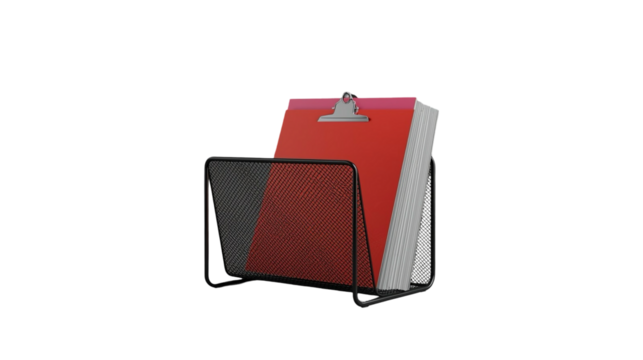 Realistic Office Clipboards Organizer with Paper in Metal Mesh Holder Render
